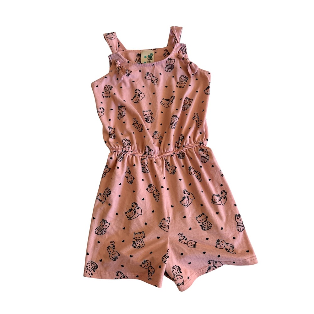 Lily Bleu Little Girls Pink Cat & Heart Print Romper Size 5